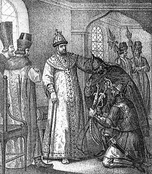 Царю Ивану IV вручают трофеи, взятые у Девлет-Гирея князем Воротынским после сражения при Молодях